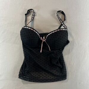 Donna L'oren Black Polka Dot Mesh‎ Bustier Top M Pink Bow Lingerie Y2K Coquette